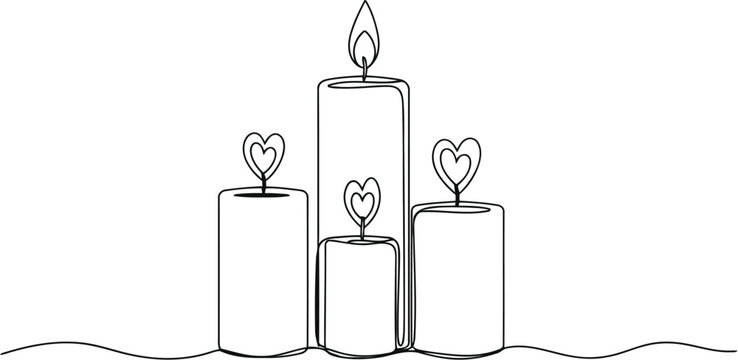 Continuous line drawing of several candles with heart shaped wicks on a simple white background