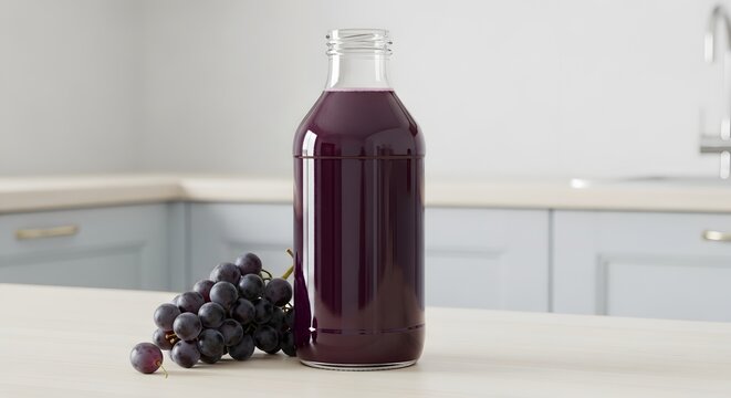 Glass bottle of dark grape juice next to fresh grapes on a kitchen counter
