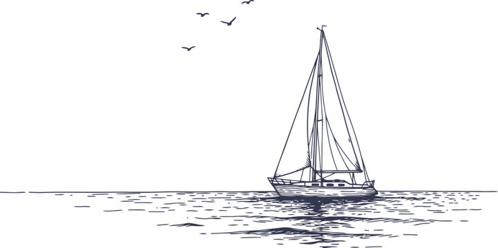 A minimalist black and white ink sketch showing a solitary sailboat drifting across the ocean