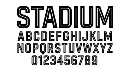 Obraz premium Black and white stadium font display with alphabet and numbers for sports branding and design