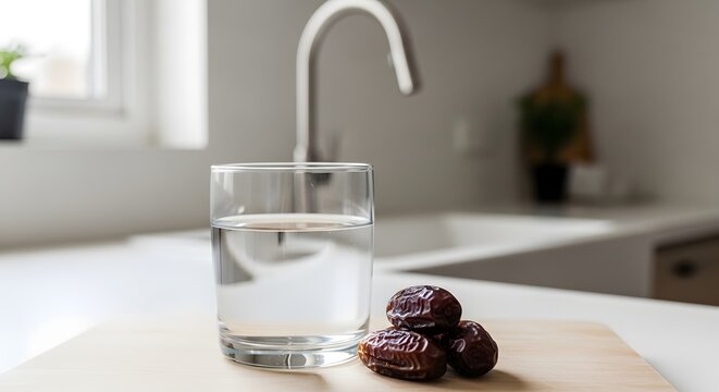 Segelas air putih dan buah kurma di atas meja dapur untuk buka puasa