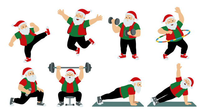Santa claus exercising in various fitness poses with dumbbells and hula hoop in colorful illustration
