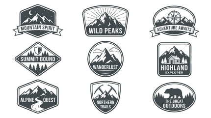 Fototapeta premium Collection of vintage monochromatic mountain adventure emblems and badges featuring rugged peaks pine trees winding roads compasses and rustic cabins evoking exploration