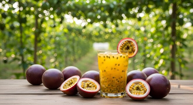Jus markisa segar dan buah utuh di atas meja kayu berlatar belakang kebun