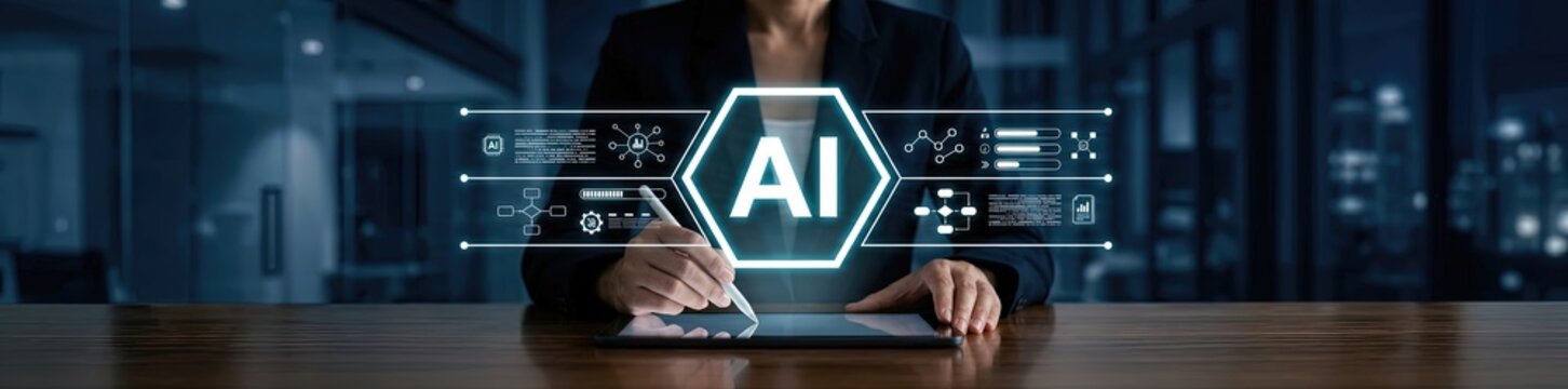 Innovative ai technology implementation modern office digital art urban environment close-up view future concepts for business growth and efficiency