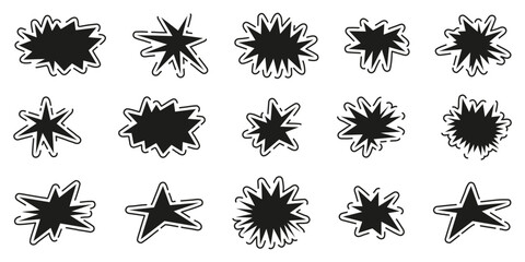 Comic explosion shape collection in black style. Includes abstract burst symbols and speech effect starburst elements © top dog