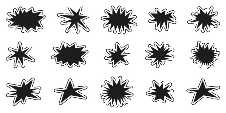 Comic explosion shape collection in black style. Includes abstract burst symbols and speech effect starburst elements
