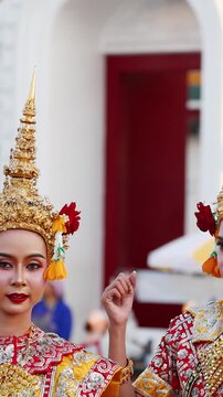 Traditional Thai Khon Dancers Performing in Golden Headdresses at Bangkok Temple