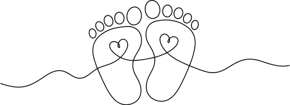 Minimalist continuous line drawing of baby feet with heart shapes on a plain white background