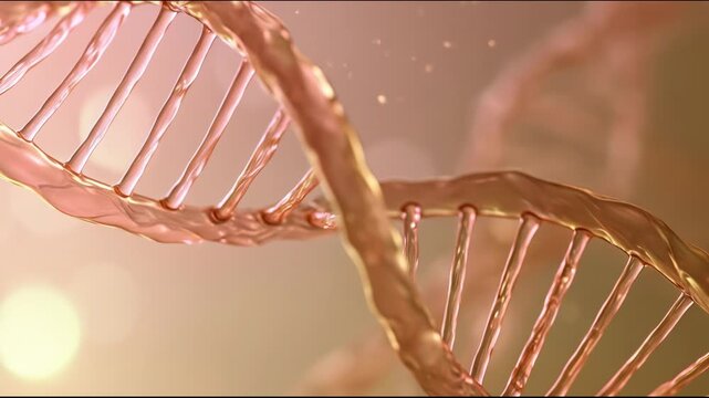 PDRN salmon DNA cosmetic serum concept, anti-aging cellular rejuvenation background. Abstract liquid rose-gold DNA double helix. 3D render