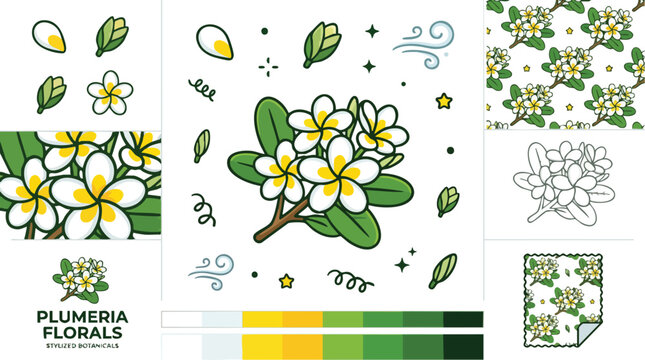 Stylized Plumeria Frangipani Botanical Vector Illustration Set