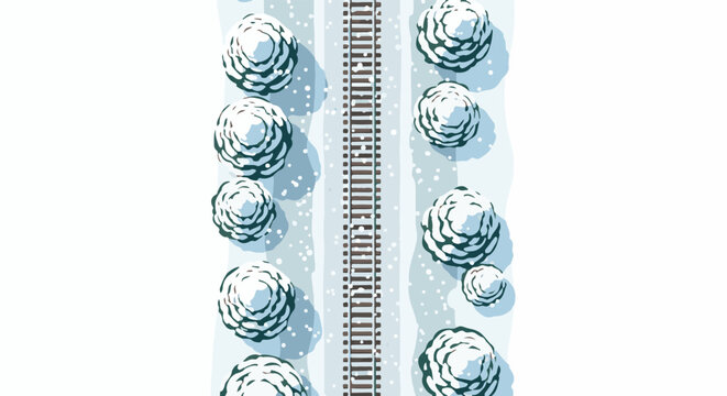 Top-down view of train tracks through snow-covered pine trees