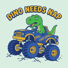 Tired green dinosaur driving a blue monster truck with Dino Needs Nap text © MdAnisul