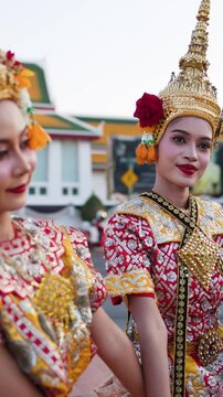Traditional Thai Khon Dancers in Ornate Gold Costumes at Wat Suthat