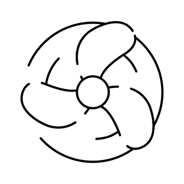 Electric fan propeller rotating to produce cooling airflow and ventilation for air conditioning and climate control systems, simple black line icon on white background