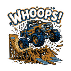 Cartoon monster truck jumping over wooden ramps with a funny whoops text © MdAnisul