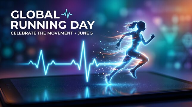Global Running Day digital concept with a glowing neon female runner silhouette on a smartphone screen with a heartbeat line