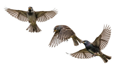 Obraz premium Two birds in flight with wings spread, captured mid-air against a white background, showcasing natural movement and detailed feather textures