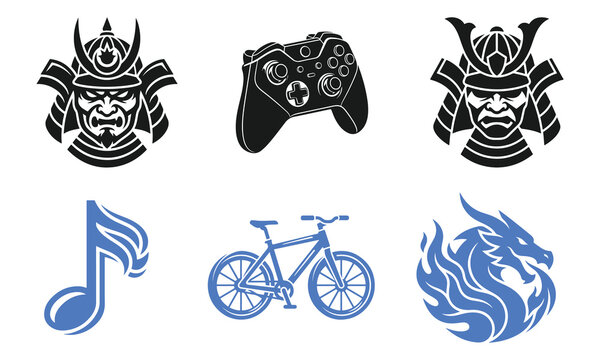Collection of various icons including samurai heads game controller bicycle music note and flames