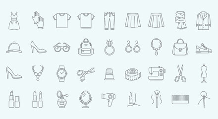 Fototapeta premium Fashion and Beauty Accessories Outline Icons Collection.