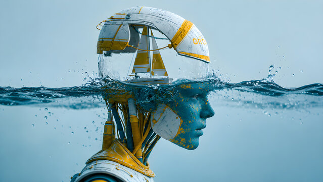 Humanoid robot head with a sailing boat inside submerged in the blue ocean water surface