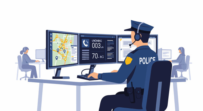 Police officers monitor dispatch screens, one with map, others with calls