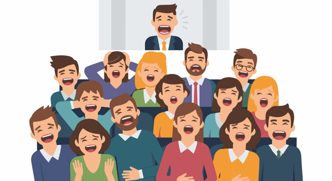 Audience members react with exaggerated emotions to a presentation or performance
