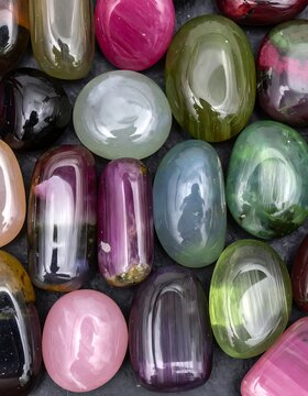 A collection of colorful, shiny, smooth gemstones