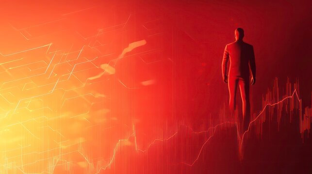 A red figure representing growth and success, standing on a chart with a rising trend. Ideal for finance and business concepts.