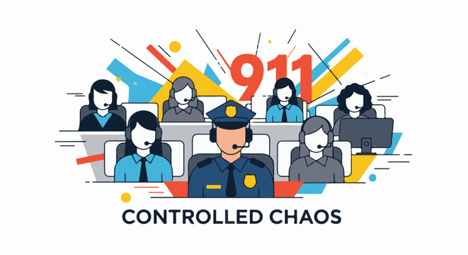 Central dispatch operators, including a police officer, manage emergencies at their workstations