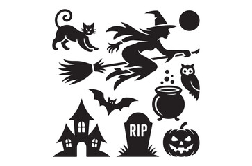Obraz premium Halloween Silhouette Collection Featuring Witch Cat And Spooky Elements
