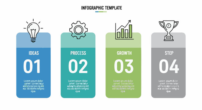 Infographic template with icons for ideas, process, growth, and final step
