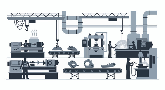 Industrial factory floor with workers and machines in monotone