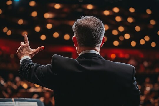 Dramatic symphony performance with orchestral composer conducting a dynamic artistic concert event.