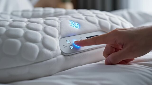 In a tranquil bedroom, a hand interacts with a state-of-the-art smart pillow, featuring intuitive controls that illuminate with soft colors. This modern design invites relaxation and restful nights.