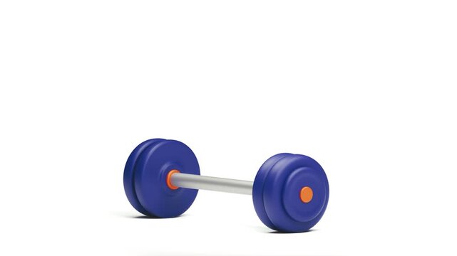 Loopable 3D animation. Cartoon barbell with blue weight plates lifting up in the air, bending slightly under weight, and lowering back down. Minimalist fitness icon isolated on white background.