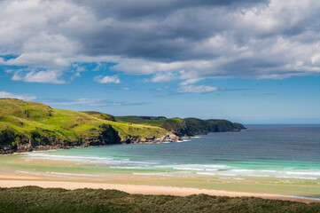 Fototapeta premium Détail de Strathy Beach sous le soleil, nord des Highlands, le long de la route NC 500, Ecosse