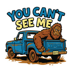 Bigfoot Sasquatch hiding in the back of a blue pickup truck illustration © MdAnisul