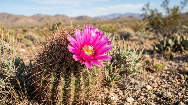 Vibrant pink cactus flower blooming in the mojave desert landscape