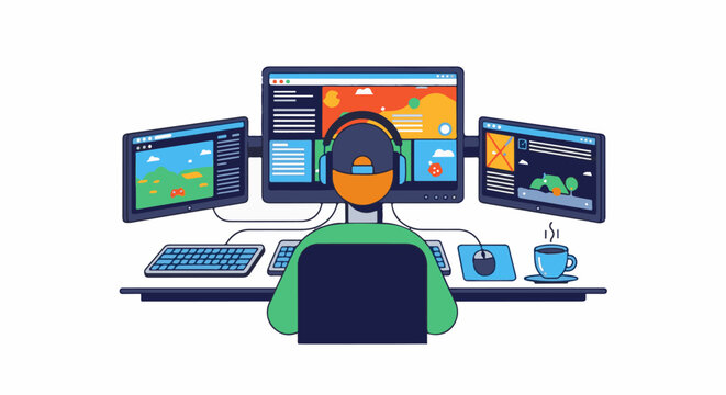 Person wearing headphones at a multi-monitor workstation with coffee