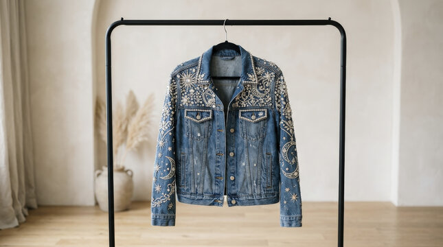 Trendy denim jacket meticulously bedazzled with sparkling pearls and rhinestones in a celestial pattern, showcasing custom fashion.
