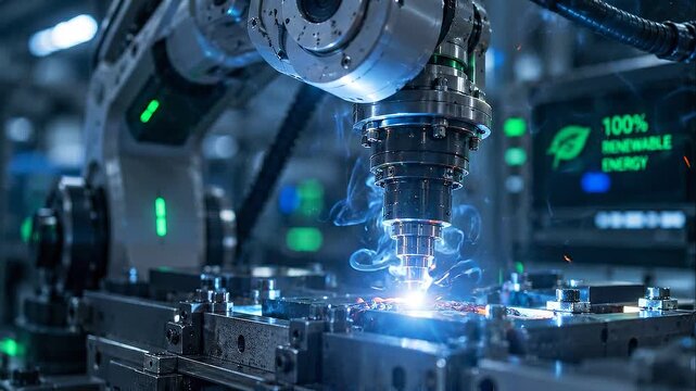Robotic cnc laser cutting metal component sustainable factory net zero goal precision laser welding robot producing sparks smoke with automated