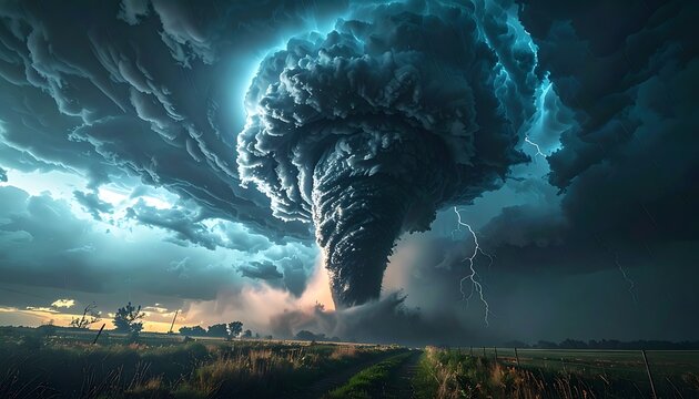 A massive tornado forms in a field under a stormy sky