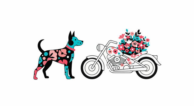 Stylized dog with floral patterns next to a motorcycle adorned with flowers