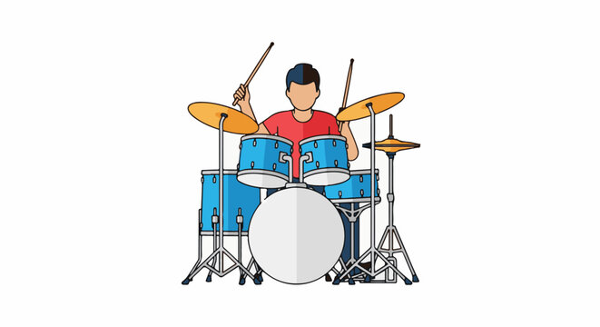 Stylized cartoon of a person playing a blue drum set with orange cymbals