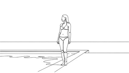 Woman stands on 2D CAD Vector designed pool deck in summer © Stock Image Paradise