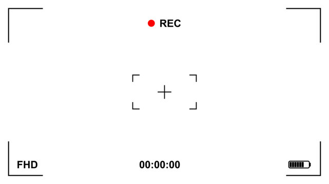 Professional camera viewfinder screen with focus frame overlay. Digital photography tool for capturing perfect shots with grid composition and recording display interface. Vector illustration.