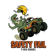 Funny T-Rex dinosaur riding a monster truck and dropping a safety helmet © MdAnisul