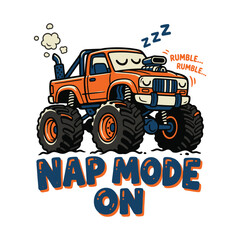 Cute orange monster truck cartoon sleeping with nap mode on text © MdAnisul