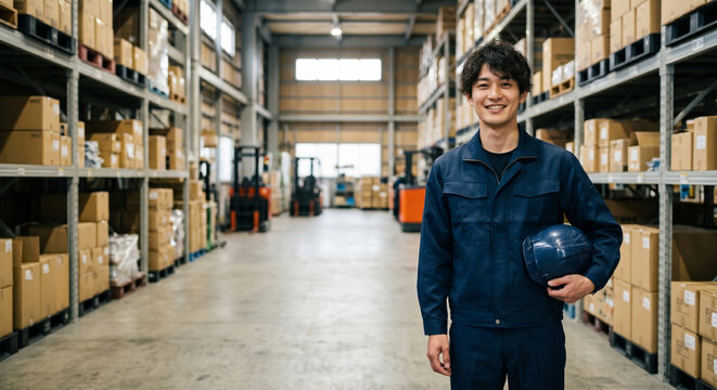 倉庫内で青いヘルメットを持ち微笑む作業着の男性